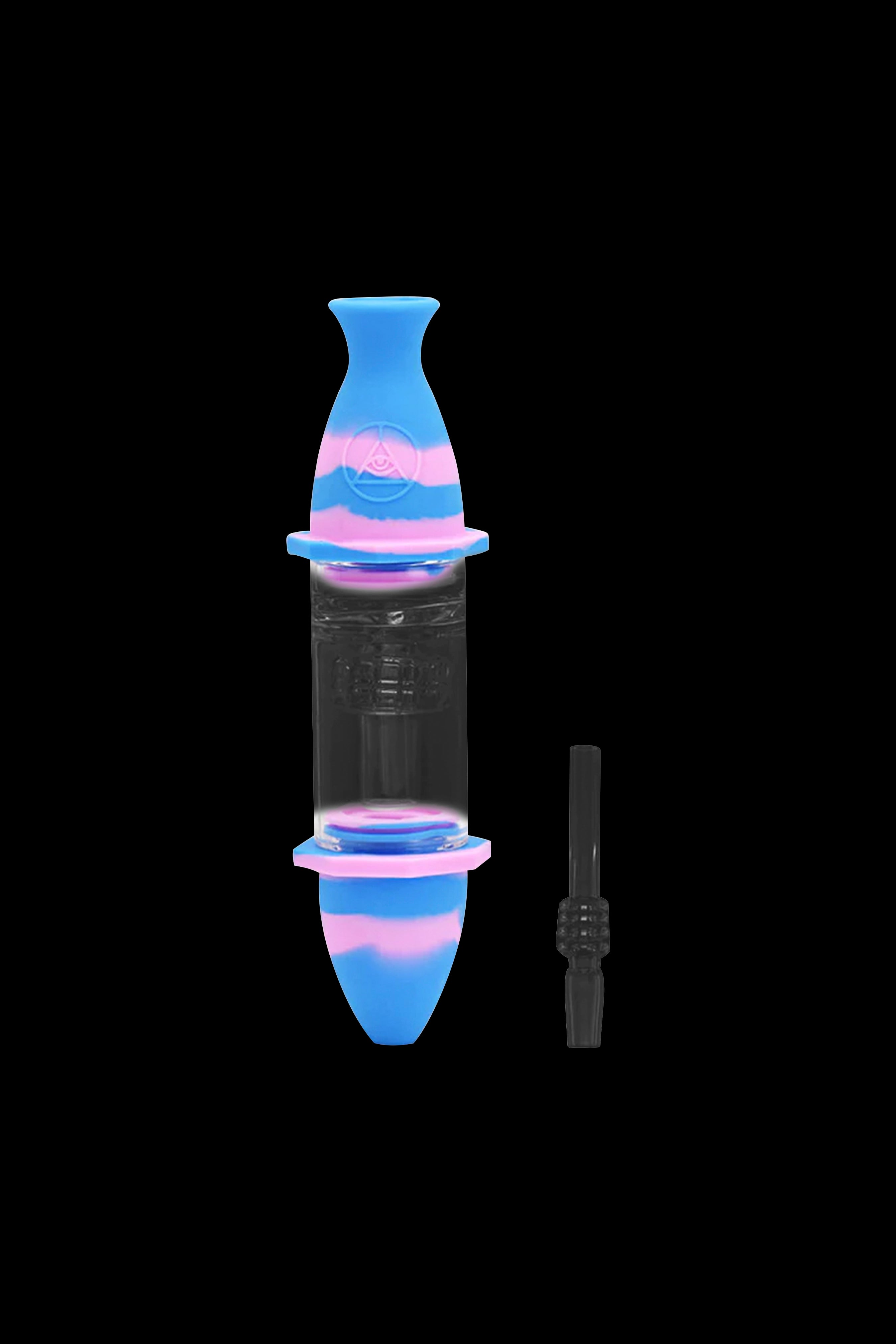 Silicone bubbler water pipe in pink and blue with a glass downstem.