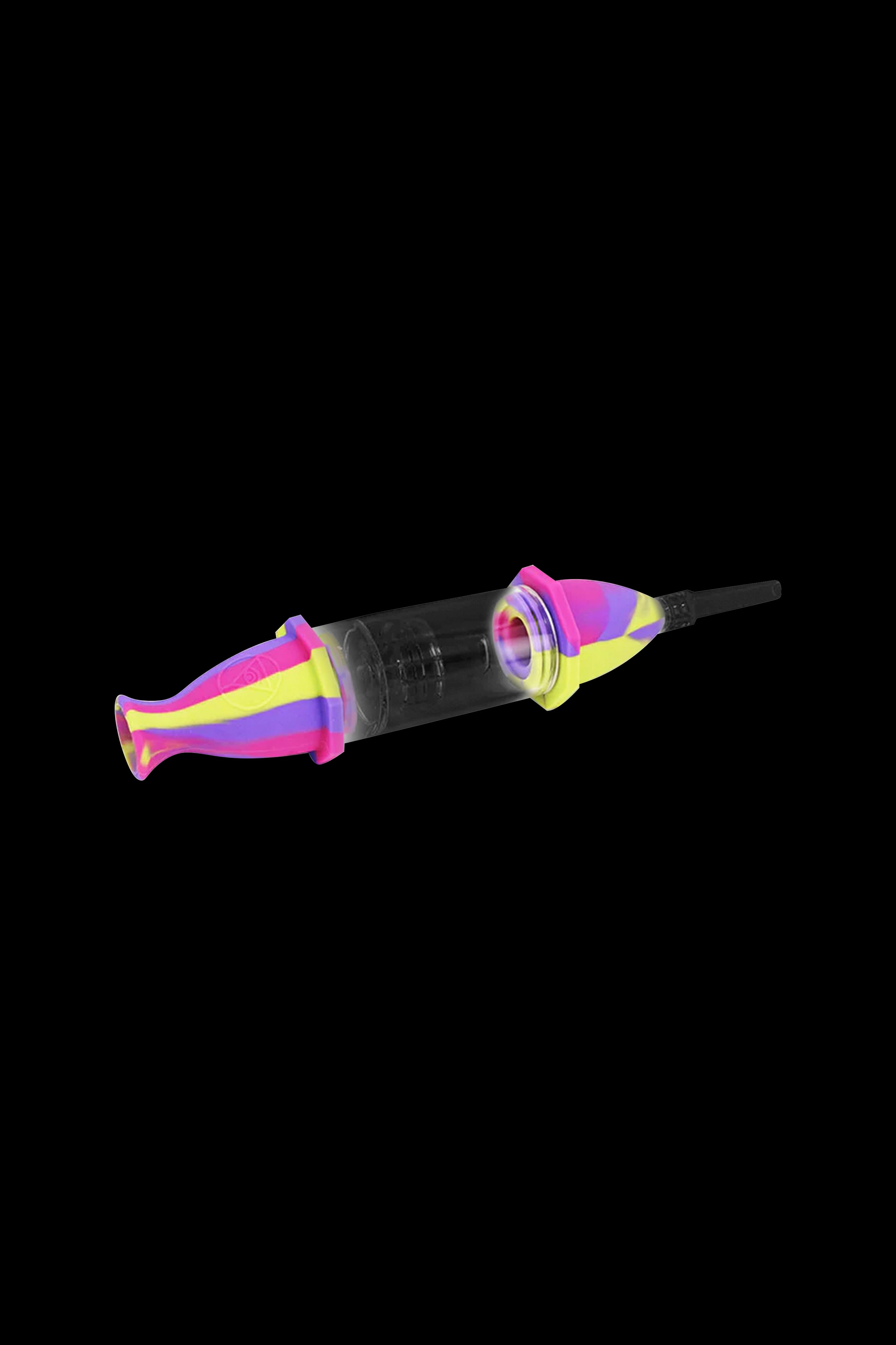Pink and yellow silicone dab syringe with glass chamber.