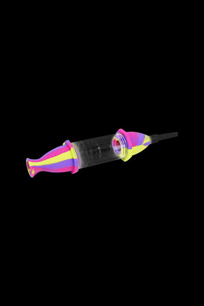 Pink and yellow silicone dab syringe with glass chamber.