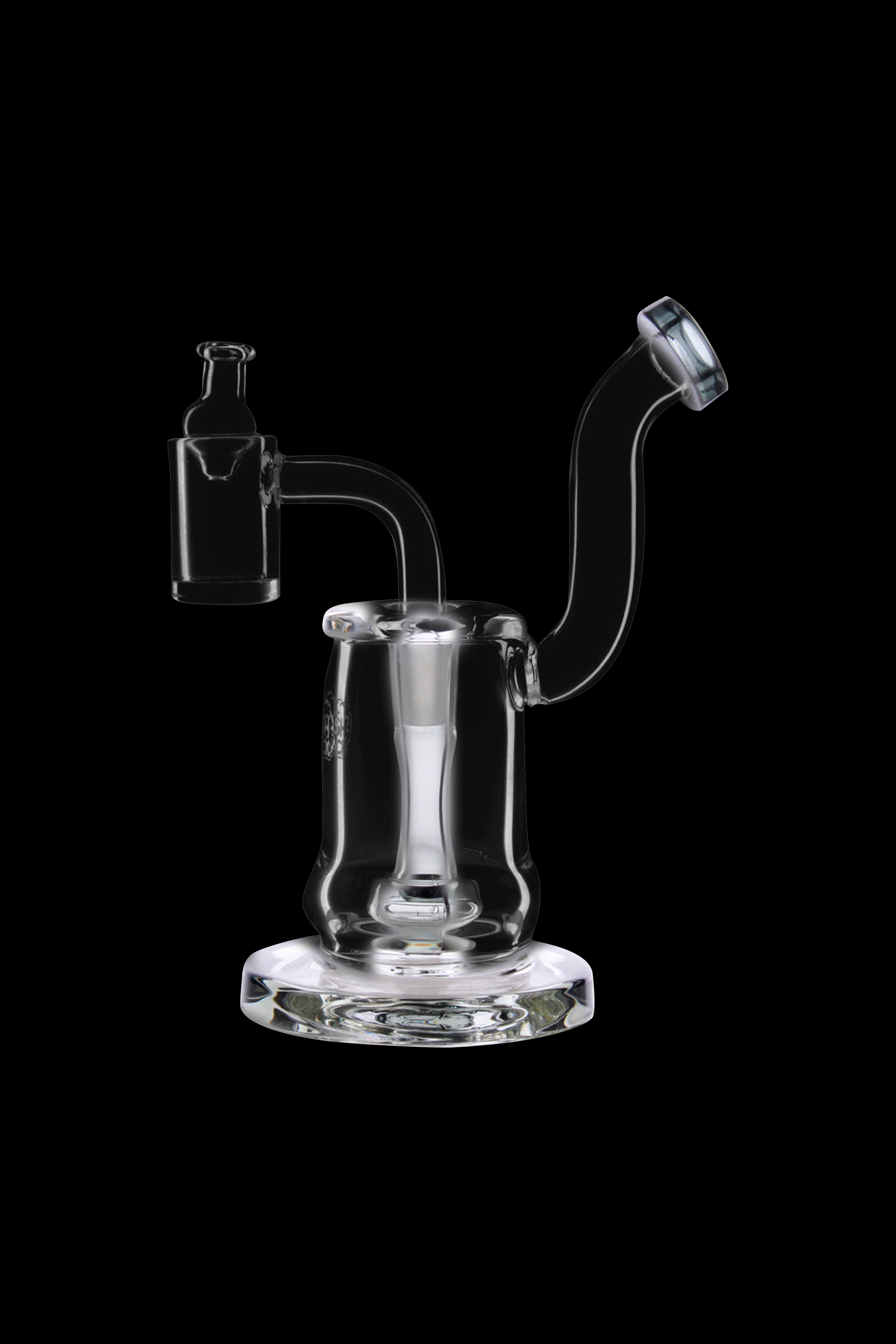 Clear glass dab rig with a bubbler base and bent neck, isolated on a black background.