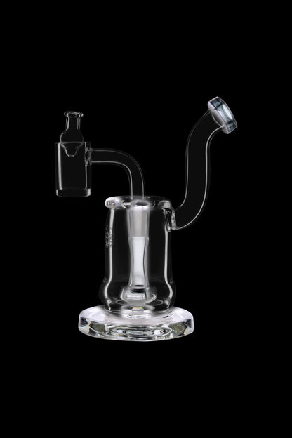 Clear glass dab rig with a bubbler base and bent neck, isolated on a black background.