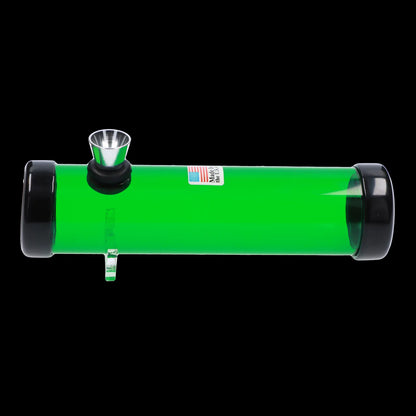 Side-on view of the JM Plastics Simply Smokey Acrylic Steam Roller - 6 in. in bright green with black end caps and a metal bowl against a black background.