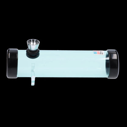 Side view of the JM Plastics Simply Smokey Acrylic Steam Roller - 6 in. showing a horizontal light-blue acrylic tube with black end caps and a metal bowl against a black background