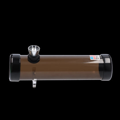Side view of the JM Plastics Simply Smokey Acrylic Steam Roller - 6 in. lying horizontally on a black background, showing its smoke-tinted tube and metal bowl.