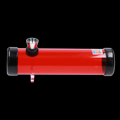 Side view of the red JM Plastics Simply Smokey Acrylic Steam Roller - 6 in. laid horizontally on a black background showing a metal bowl and black end caps.