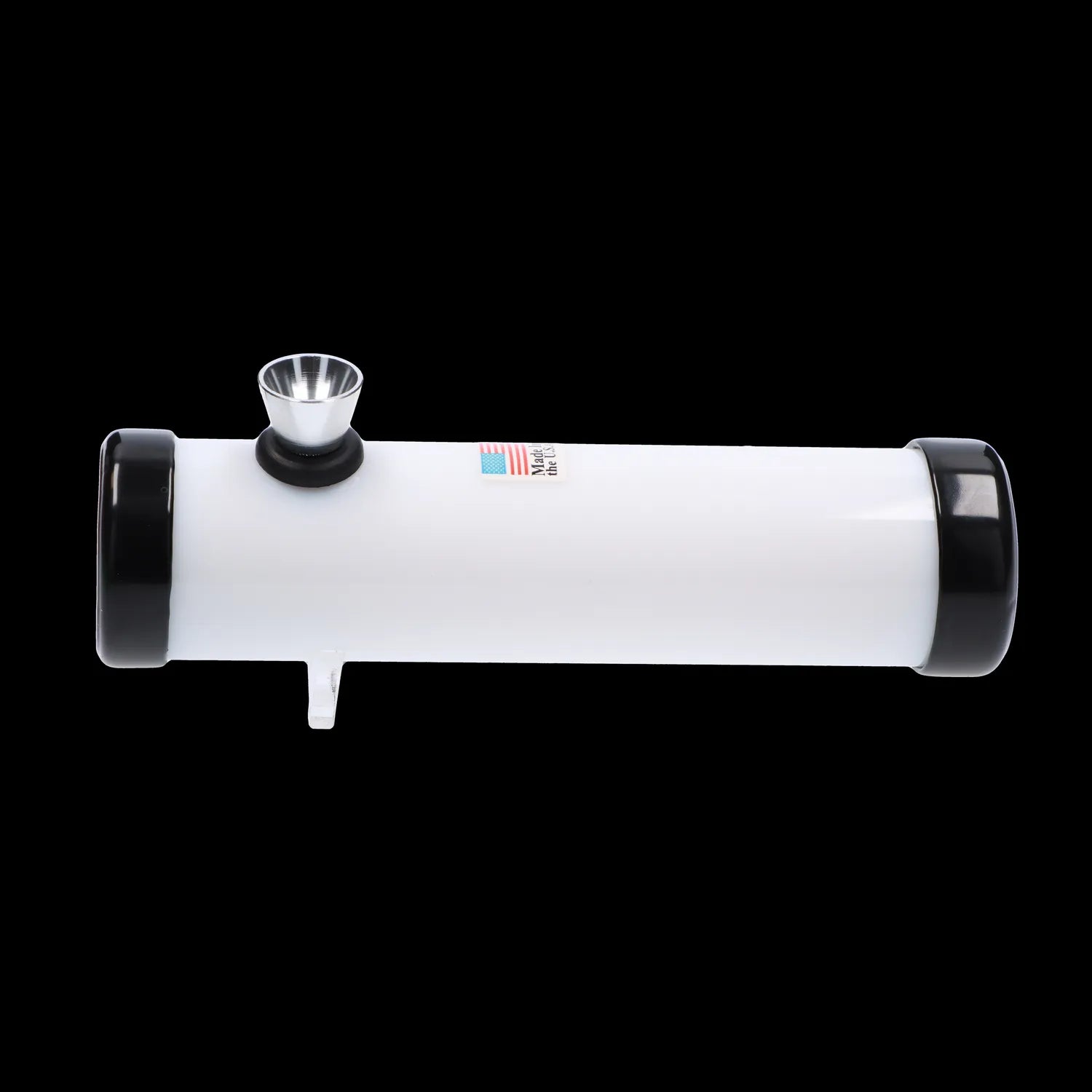 Side-on view of the JM Plastics Simply Smokey Acrylic Steam Roller - 6 in. in white with black end caps and a metal bowl against a black background