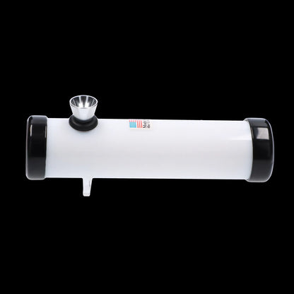 Side-on view of the JM Plastics Simply Smokey Acrylic Steam Roller - 6 in. in white with black end caps and a metal bowl against a black background