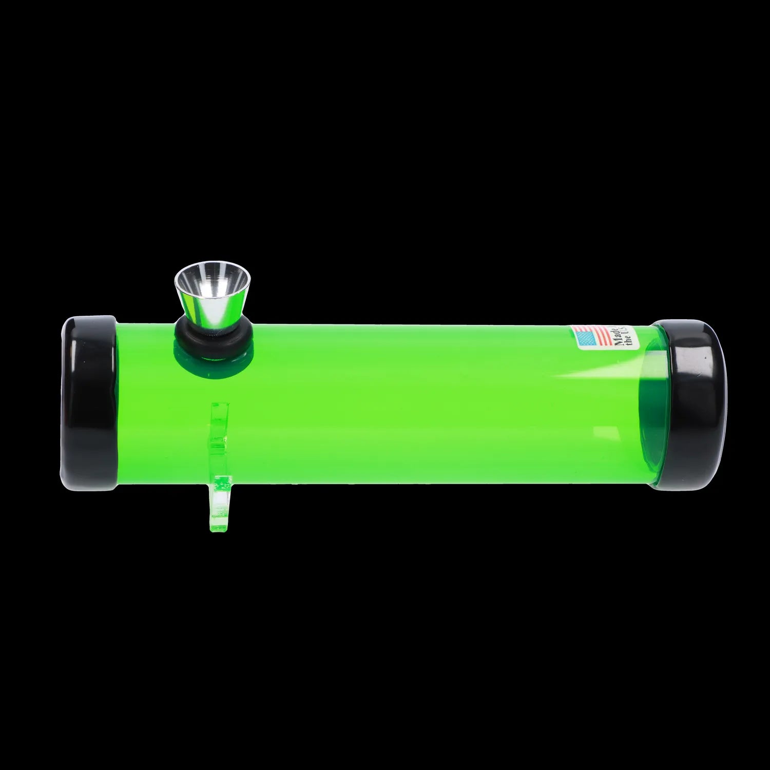 Side view of the JM Plastics Simply Smokey Acrylic Steam Roller - 6 in. showing a bright translucent green tube with black end caps and a metal bowl against a black background