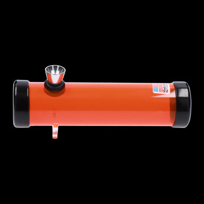 Side view of the JM Plastics Simply Smokey Acrylic Steam Roller - 6 in. showing an orange cylindrical body with black end caps and a metal bowl against a black background