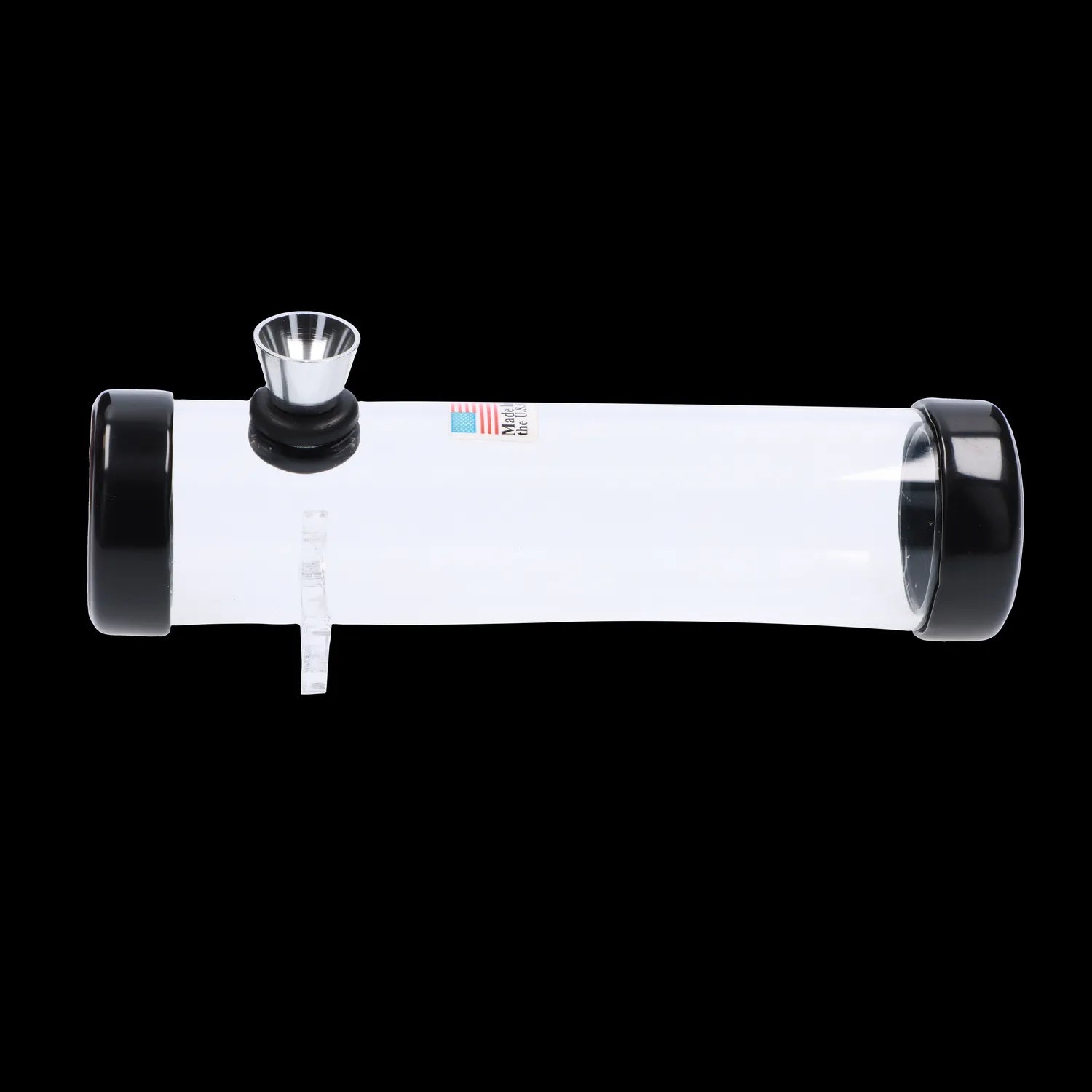 Side view of the JM Plastics Simply Smokey Acrylic Steam Roller - 6 in. showing a clear cylindrical body with black end caps and metal bowl.