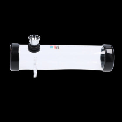 Side view of the JM Plastics Simply Smokey Acrylic Steam Roller - 6 in. showing a clear cylindrical body with black end caps and metal bowl.