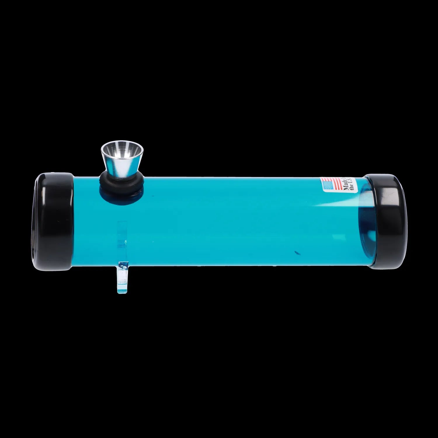 Side view of a clear blue JM Plastics Simply Smokey Acrylic Steam Roller - 6 in. laid horizontally on a black background showing a metal bowl and black end caps.