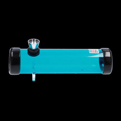 Side view of a clear blue JM Plastics Simply Smokey Acrylic Steam Roller - 6 in. laid horizontally on a black background showing a metal bowl and black end caps.