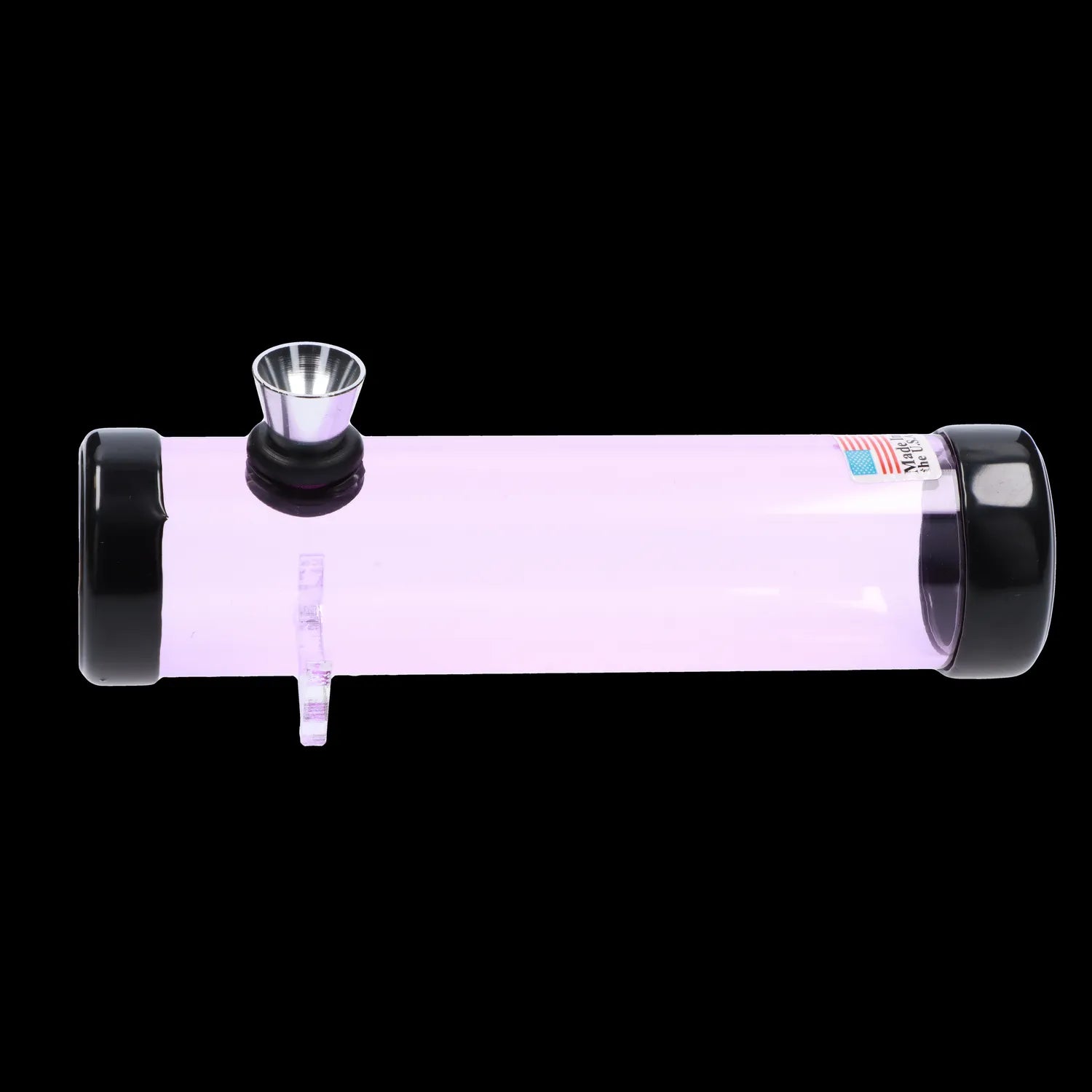 Side view of the JM Plastics Simply Smokey Acrylic Steam Roller - 6 in. showing a translucent pale pink tube with black end caps and a metal bowl.