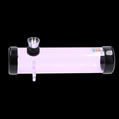 Side view of the JM Plastics Simply Smokey Acrylic Steam Roller - 6 in. showing a translucent pale pink tube with black end caps and a metal bowl.