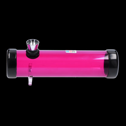 Side view of the JM Plastics Simply Smokey Acrylic Steam Roller - 6 in. showing a glossy translucent pink tube with black end caps and a metal bowl against a black background