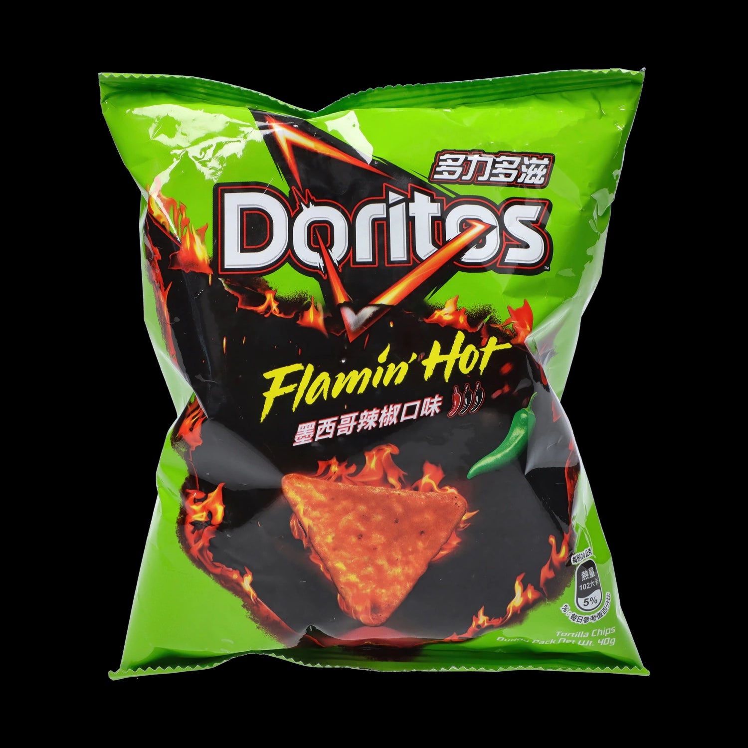 Close-up front view of a green bag of Doritos Flamin' Hot Jalapeño (40g) (Taiwan) with flaming chip artwork and a single jalapeño illustration.