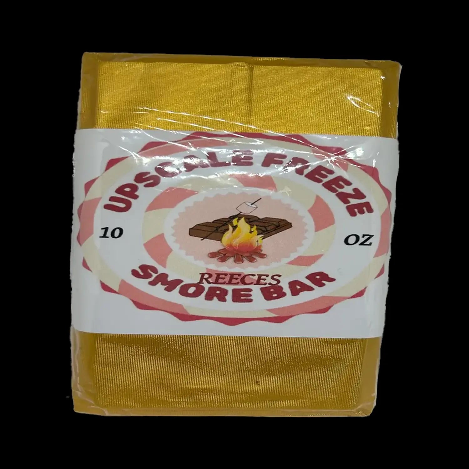 Sealed mylar bag labeled “Upscale Freeze 10oz Reeces Smore Bar”, likely containing cannabis.