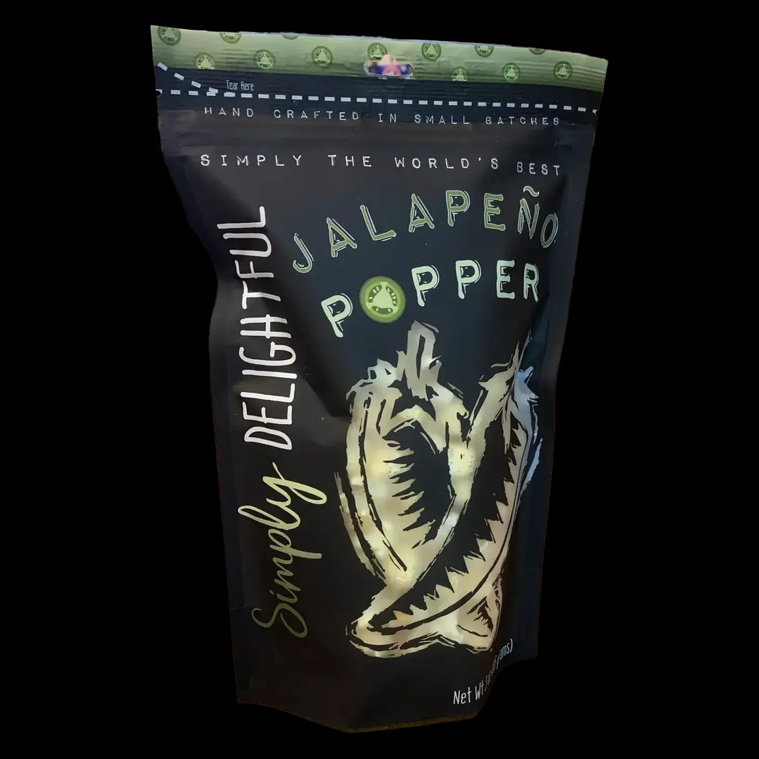 A black, resealable bag labeled “Simply Delightful Jalapeño Popper” with a gold illustration of a jalapeño pepper, likely containing cannabis or a related product.