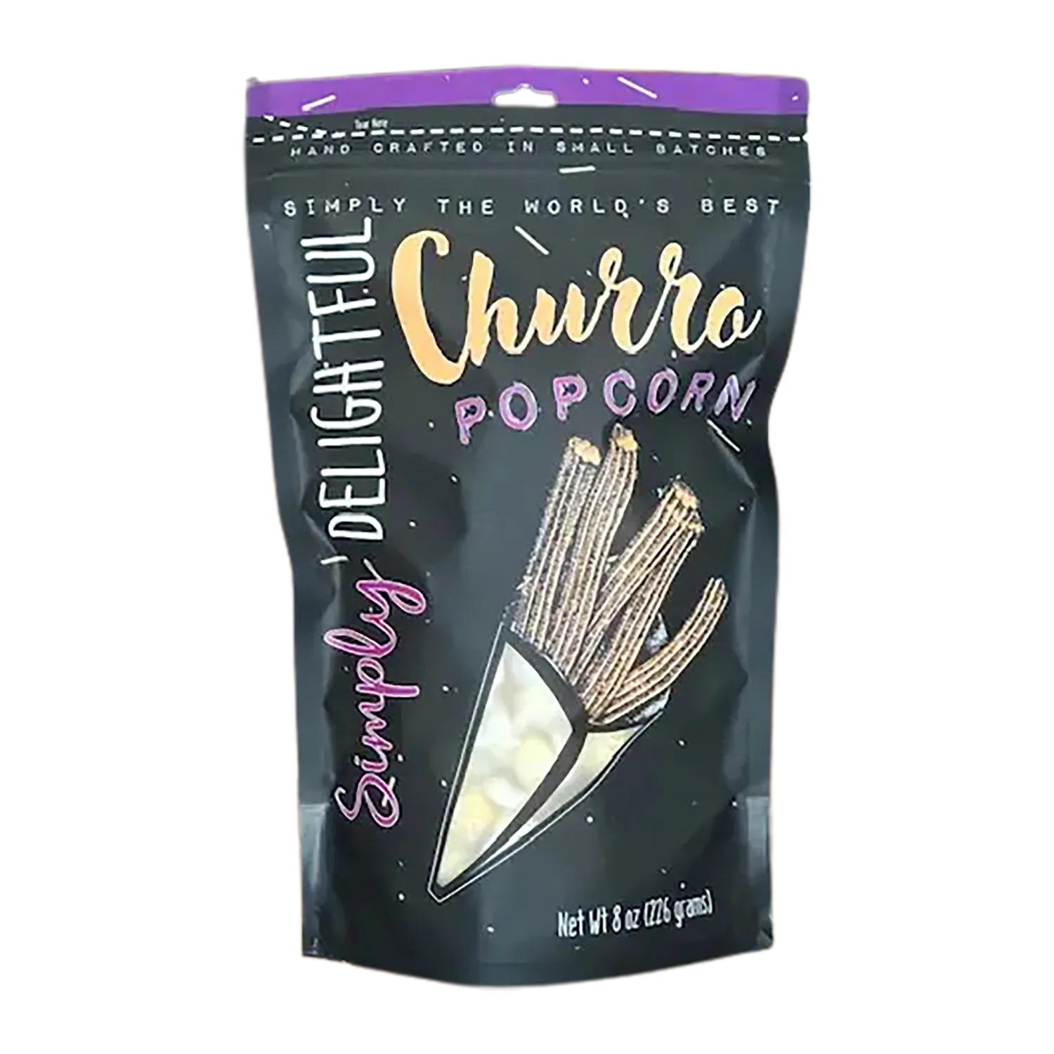 Front-facing shot of a black bag of Simply Delightful Churro Popcorn with stylized tan "Churro" lettering and a cone illustration of churro sticks.