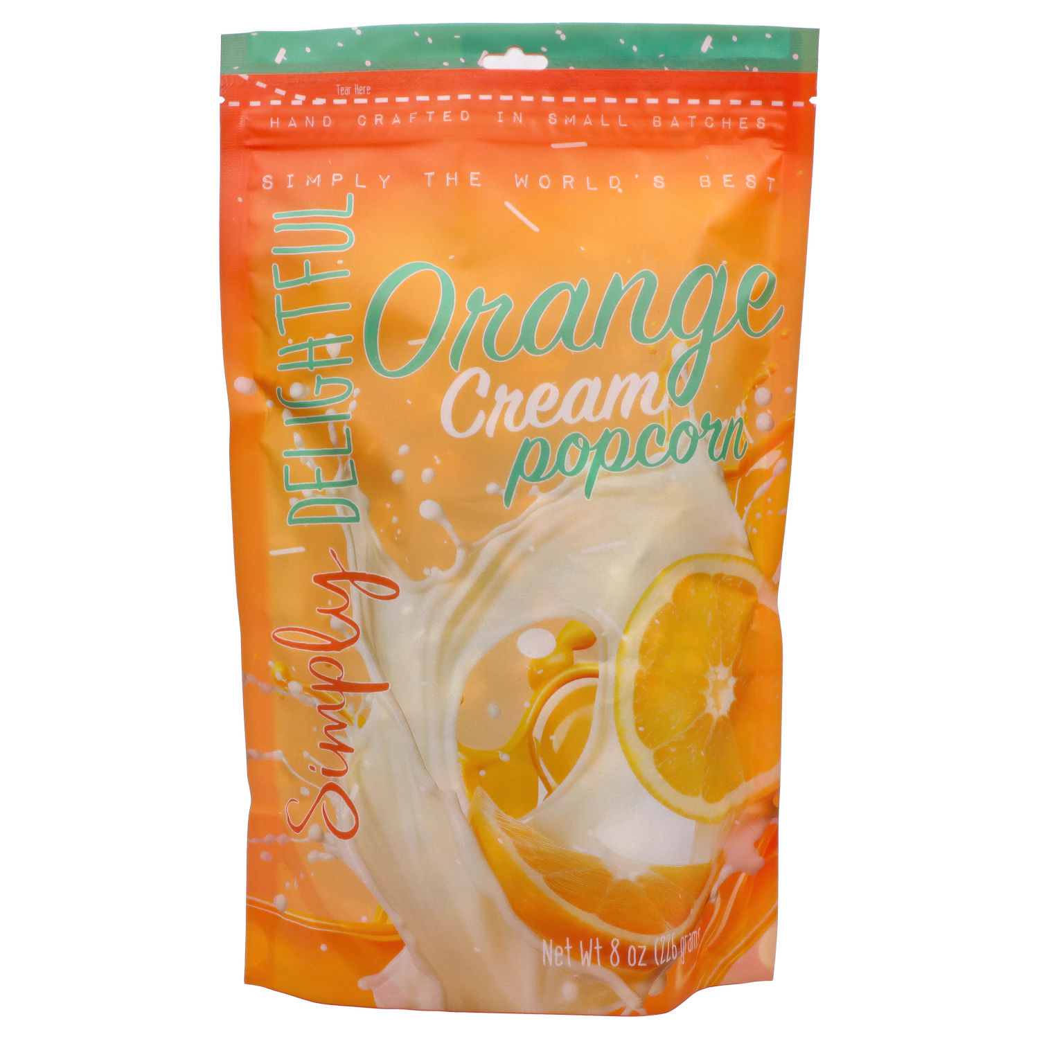 Front-facing pouch of Simply Delightful Orange Cream Popcorn with bright orange and teal lettering and a swirling cream and orange slice graphic.