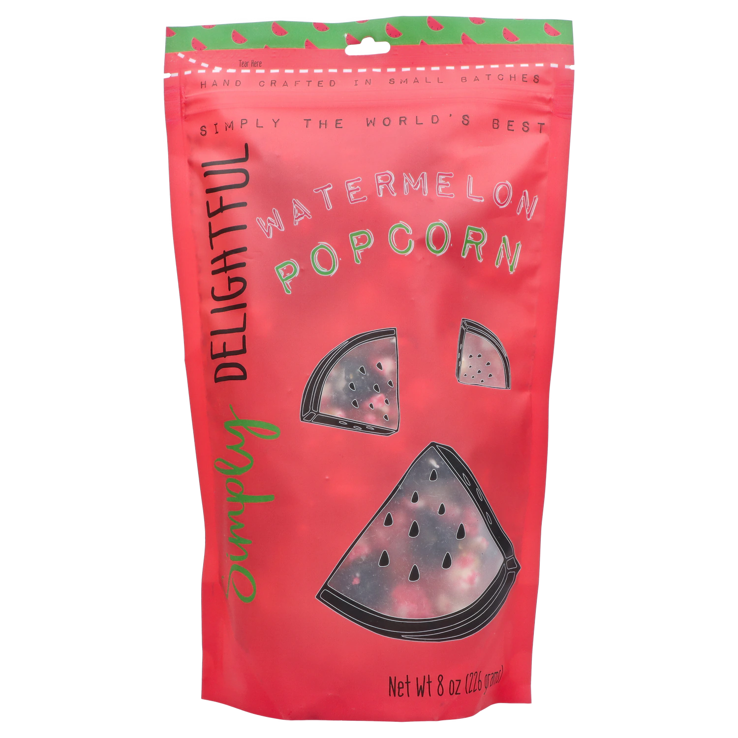 Close-up front view of the Simply Delightful Watermelon Popcorn pouch with strawberry-red background and illustrated watermelon slices.