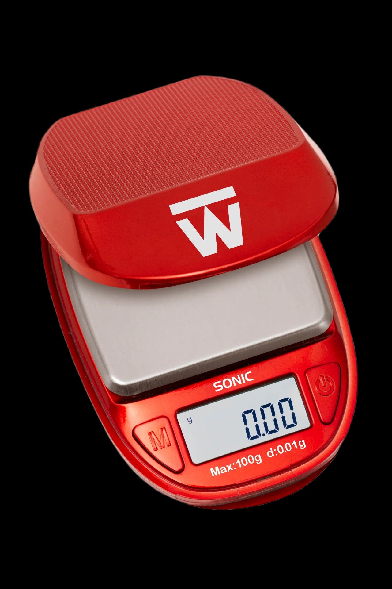 Red digital scale with a stainless steel weighing platform, displaying 0.00g.