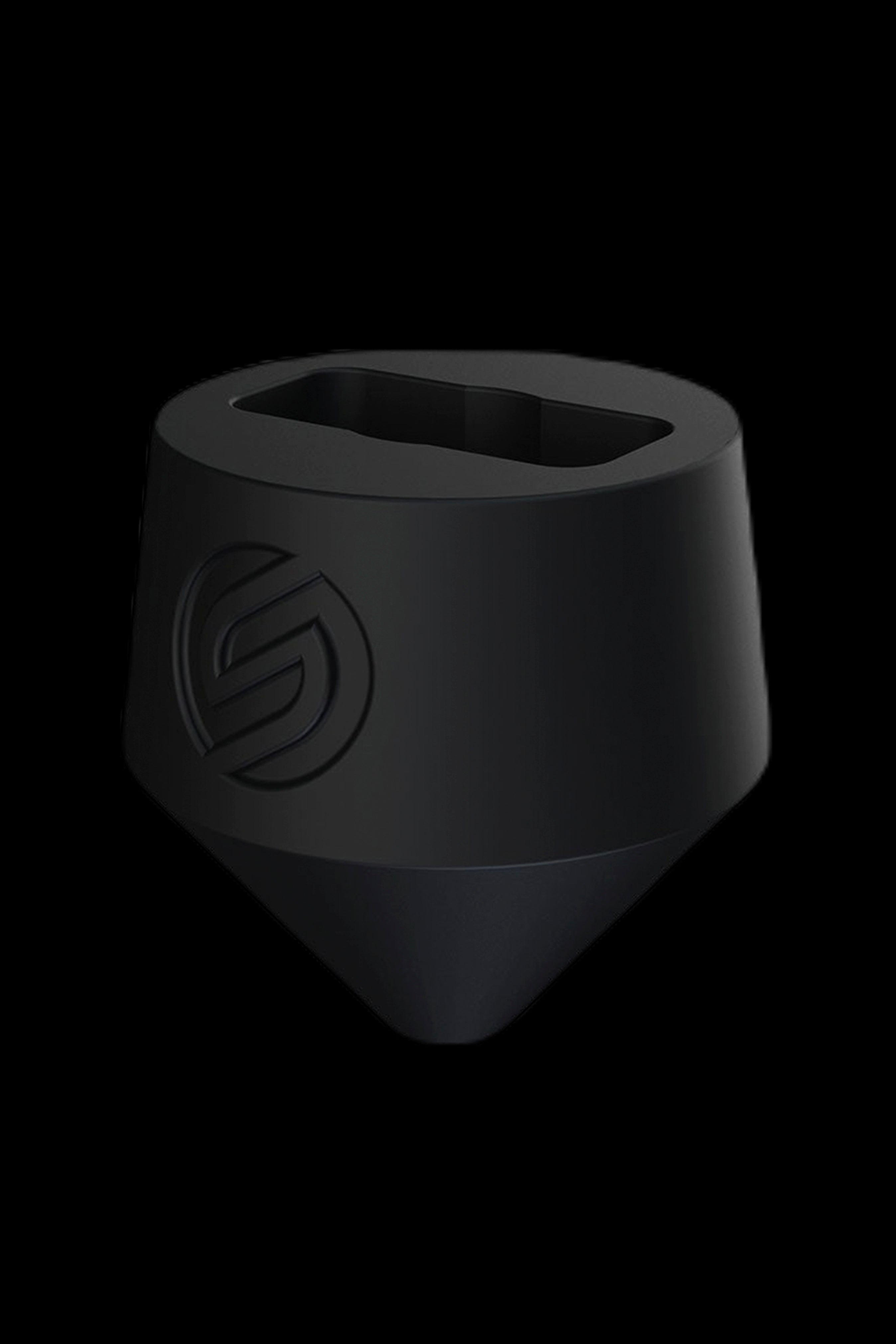 Black cannabis oil cartridge with a branded logo.