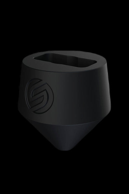 Black cannabis oil cartridge with a branded logo.