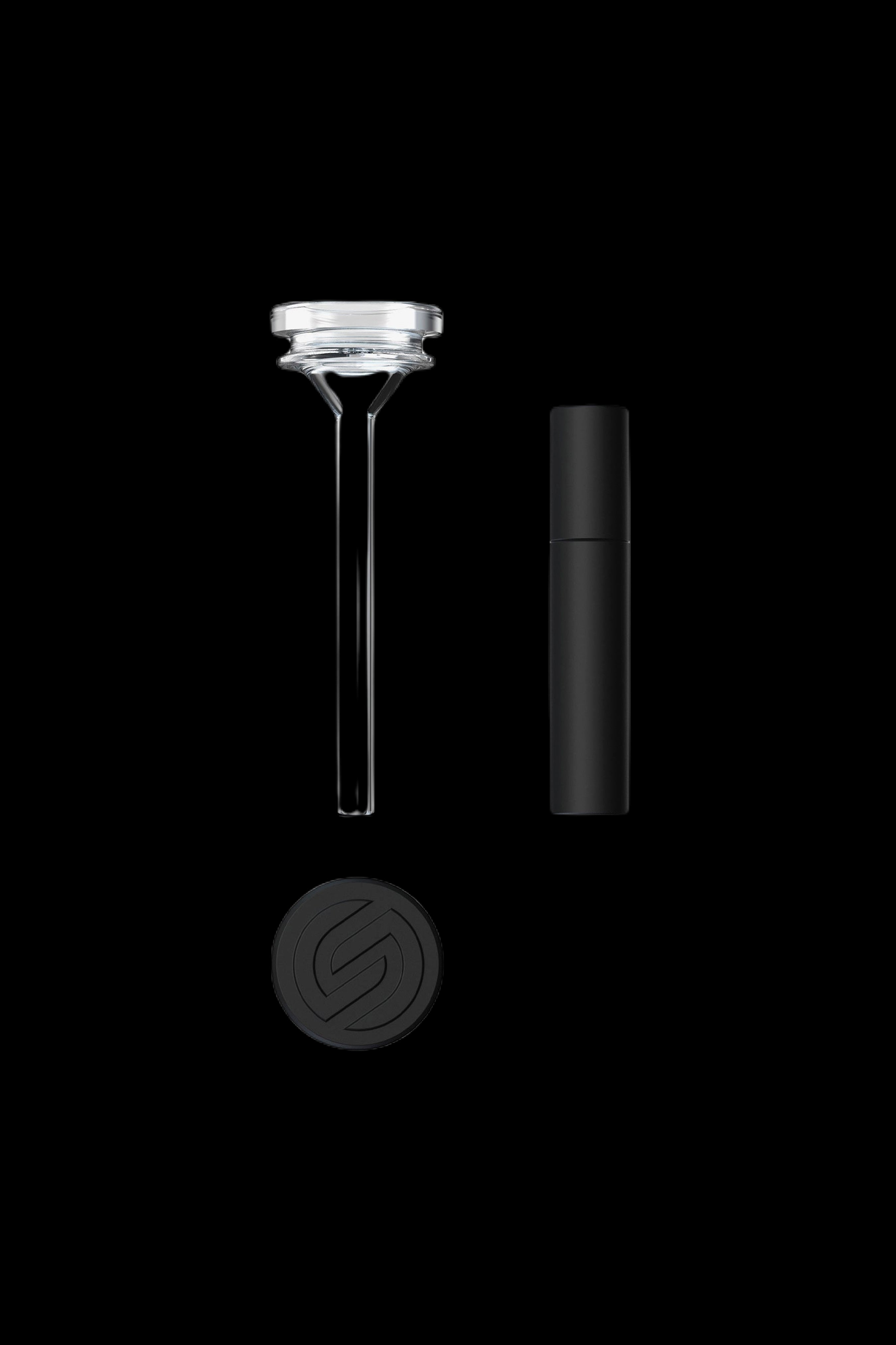 Disassembled cannabis oil vape pen components on a black background.