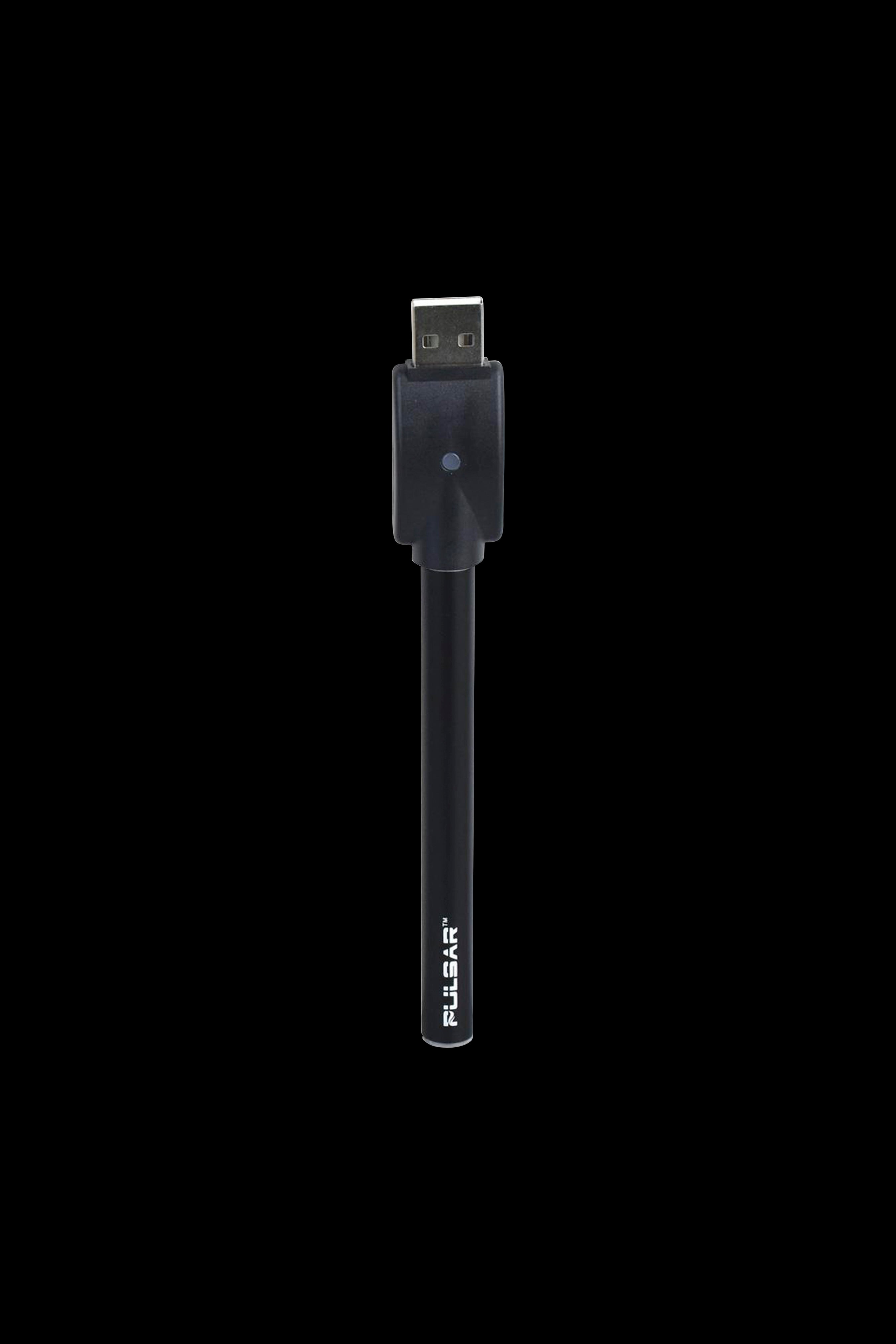 Black Pulsar vaporizer pen charging via USB.