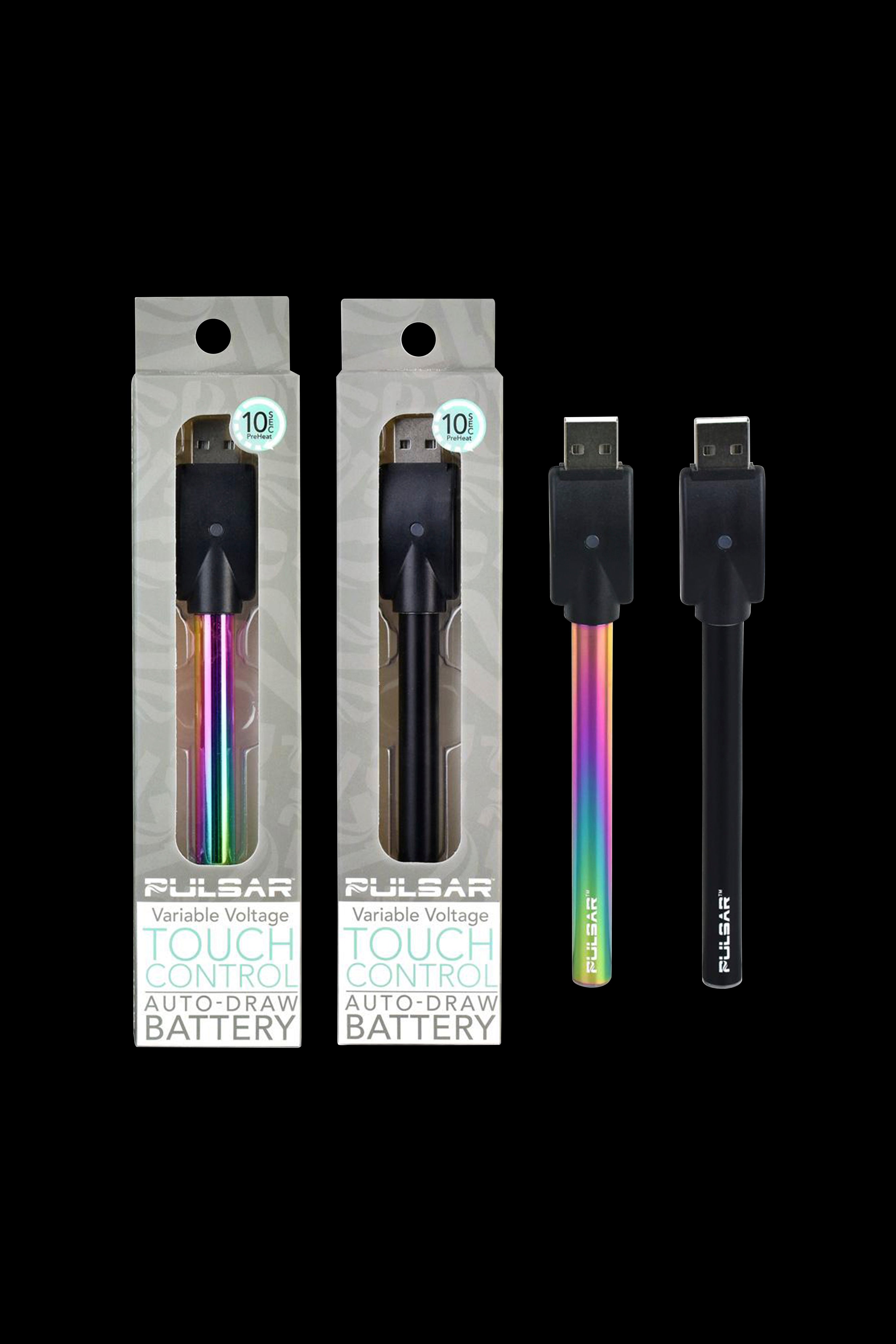 Two Pulsar Touch auto-draw vape batteries in packaging and one standalone, iridescent black battery.