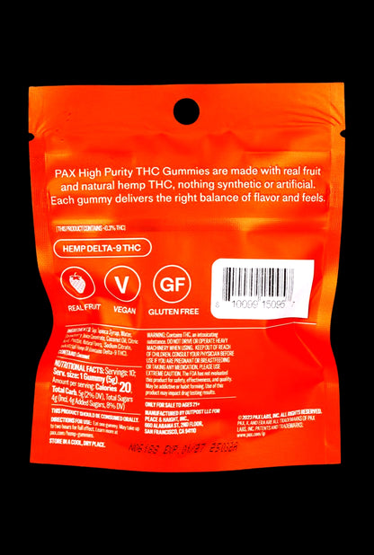 PAX High Purity D9 THC Gummies | 100mg | 10pc Pack