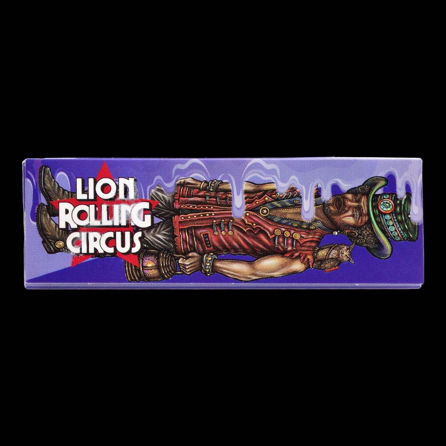 Front-facing box shot of Smoke Cartel LRC Flavored Rolling Papers 1 1/4 - Passion Fruit Flavor - 15 booklets/ box showing purple packaging with a reclining circus performer illustration and bold "Lion Rolling Circus" text.