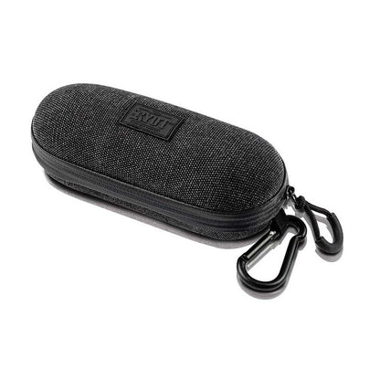 Angled top-down view of a black RYOT Hardcase with textured fabric finish, visible zipper and two attached black carabiner clips.