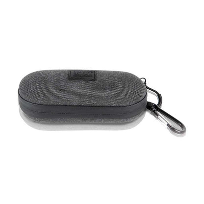 Front-facing view of a gray fabric RYOT Hardcase with rounded edges and attached black carabiner on a white background