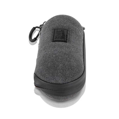 Front-angle view of a gray fabric RYOT Hardcase with rounded top, visible zipper and carabiner clip against a white background