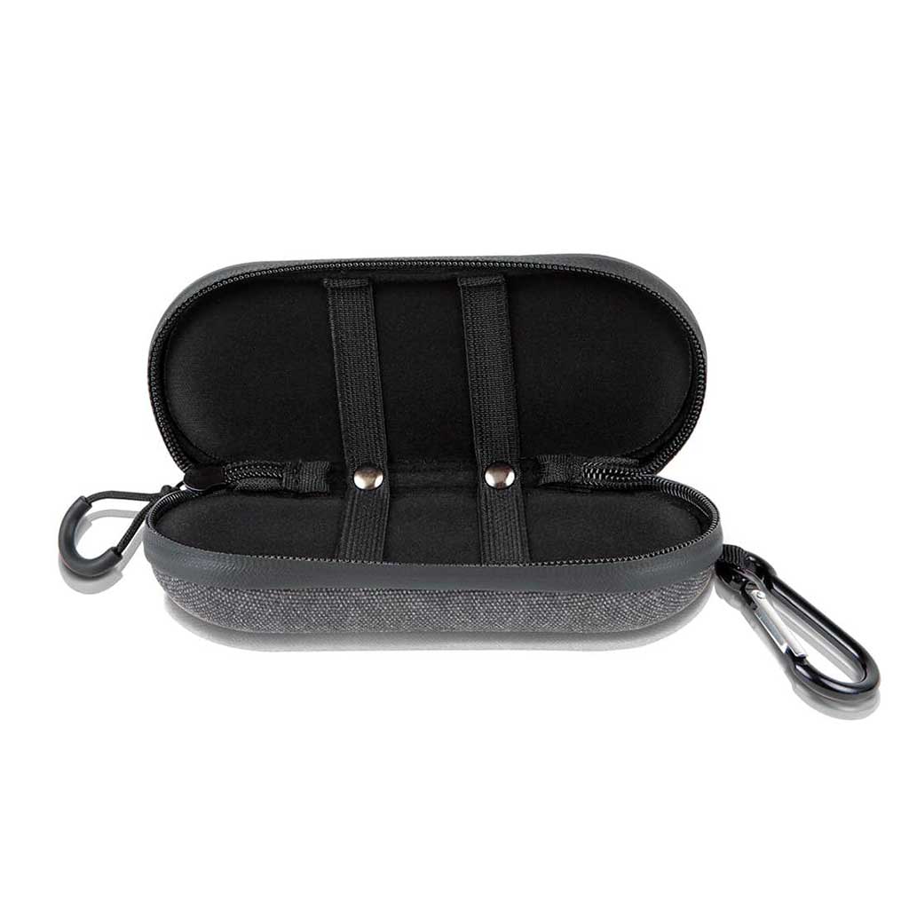 Open, front-facing RYOT Hardcase shown on a white background, revealing black padded interior straps and attached carabiner.
