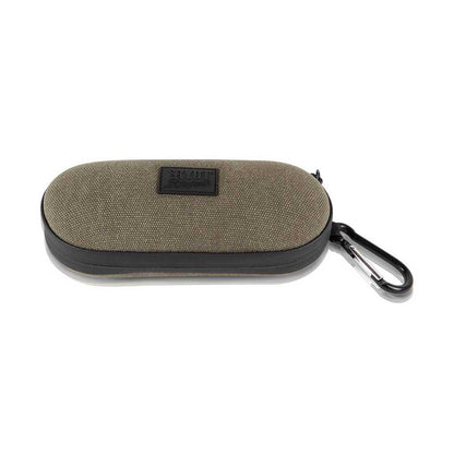Front-facing view of a khaki fabric RYOT Hardcase with black trim and attached carabiner clipped to the right.