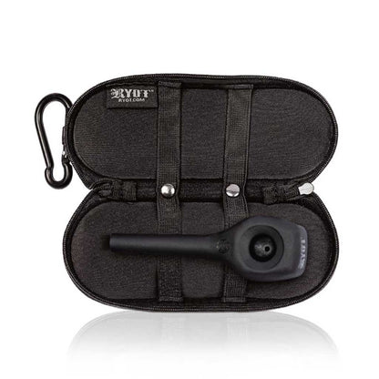 Top-down view of a black RYOT Hardcase opened to reveal its padded interior and a matte black pipe secured by elastic straps.