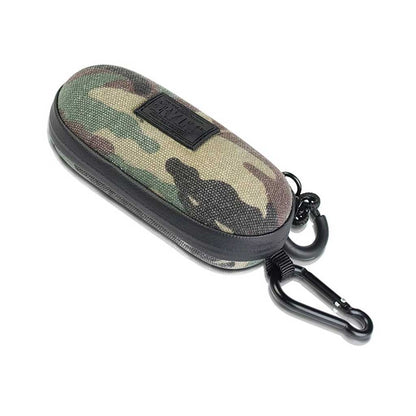 Angled top view of the olive camo RYOT Hardcase with textured fabric, black trim, zipper and attached carabiner.