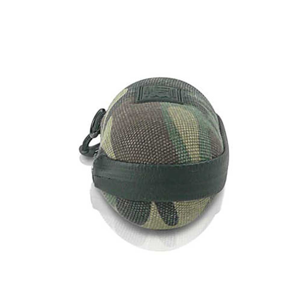 Front-facing close-up of a camo fabric RYOT Hardcase with a black strap and clip resting on a white background