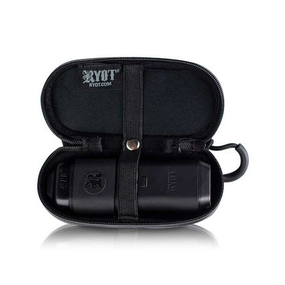 Top-down view of an open black RYOT Hardcase with its snap strap securing a matte black cylindrical accessory inside.
