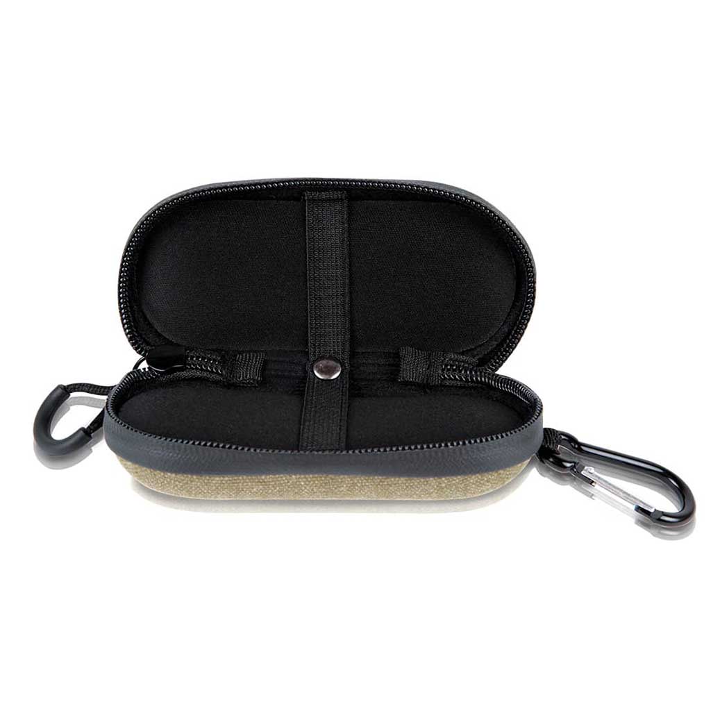 Front-facing open view of the RYOT Hardcase showing its black padded interior, elastic strap and attached carabiner on a white background