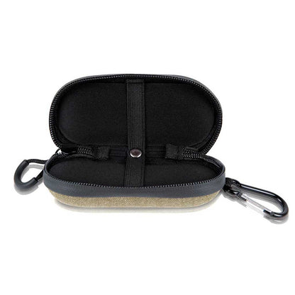 Front-facing open view of the RYOT Hardcase showing its black padded interior, elastic strap and attached carabiner on a white background