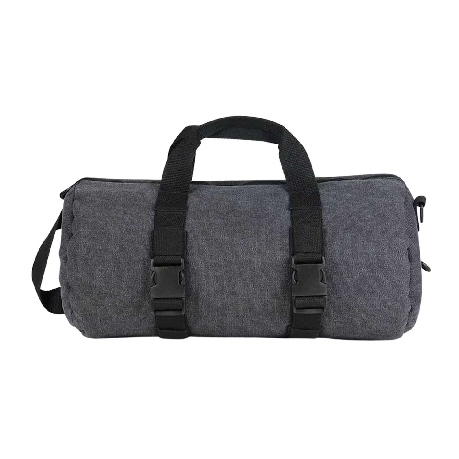 Front-facing view of the black RYOT Pro-Duffle Carbon Series Smell-Proof Bag showing its cylindrical shape, top carry handles and two black buckle straps.