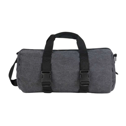 Front-facing view of the black RYOT Pro-Duffle Carbon Series Smell-Proof Bag showing its cylindrical shape, top carry handles and two black buckle straps.
