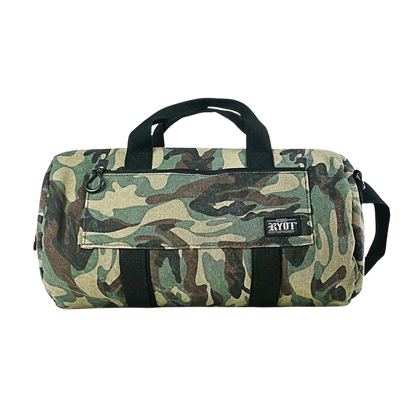 Front-facing camo duffle with black handles and a small logo patch, the RYOT Pro-Duffle Carbon Series Smell-Proof Bag.