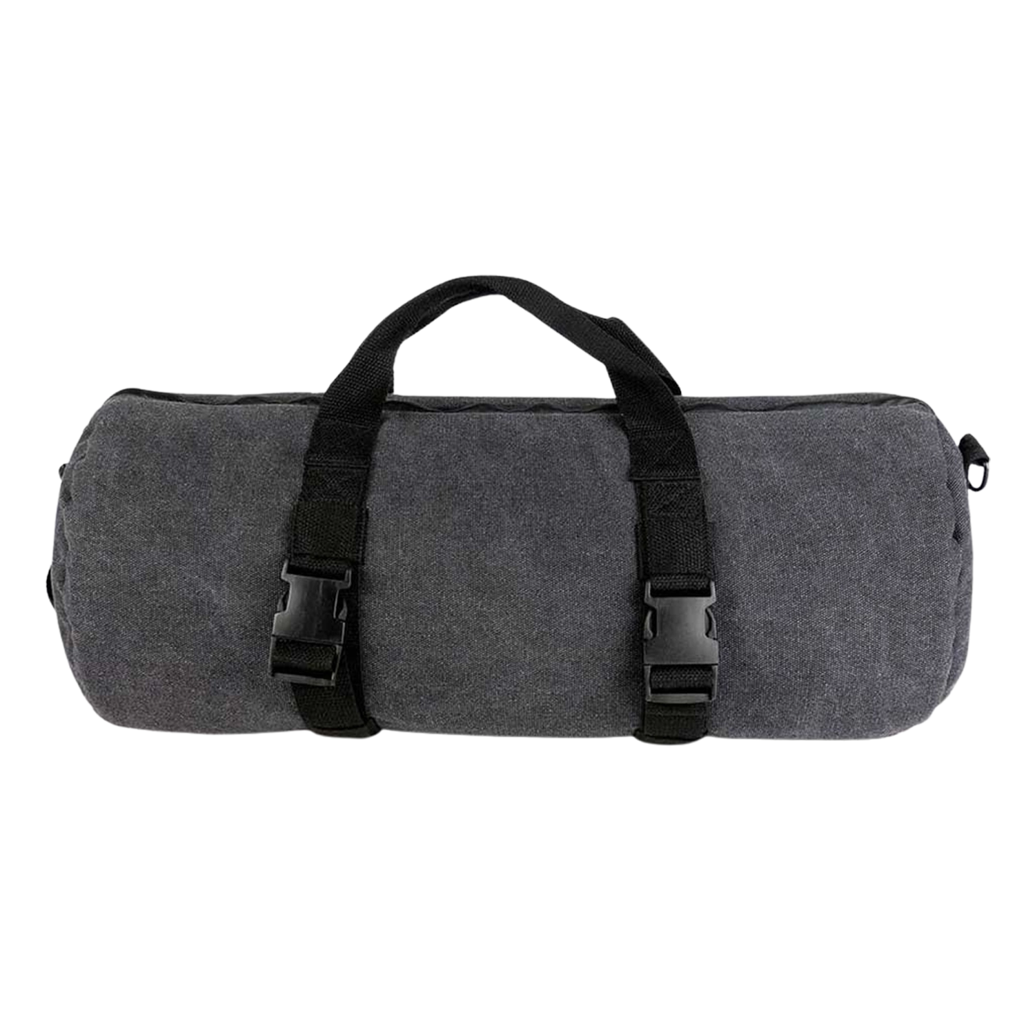 Front-facing view of the charcoal RYOT Pro-Duffle Carbon Series Smell-Proof Bag showing its rounded shape, twin black handles and buckle straps against a white background
