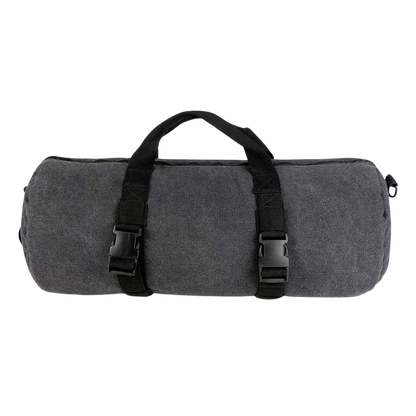 Front-facing view of the charcoal RYOT Pro-Duffle Carbon Series Smell-Proof Bag showing its rounded shape, twin black handles and buckle straps against a white background